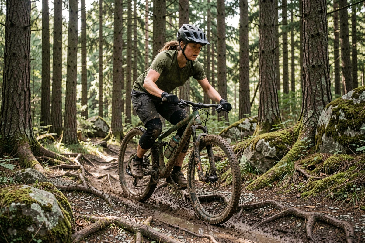 Vététiste féminine en pleine descente technique sur un sentier forestier boueux avec racines et graviers, casque intégral et maillot trail