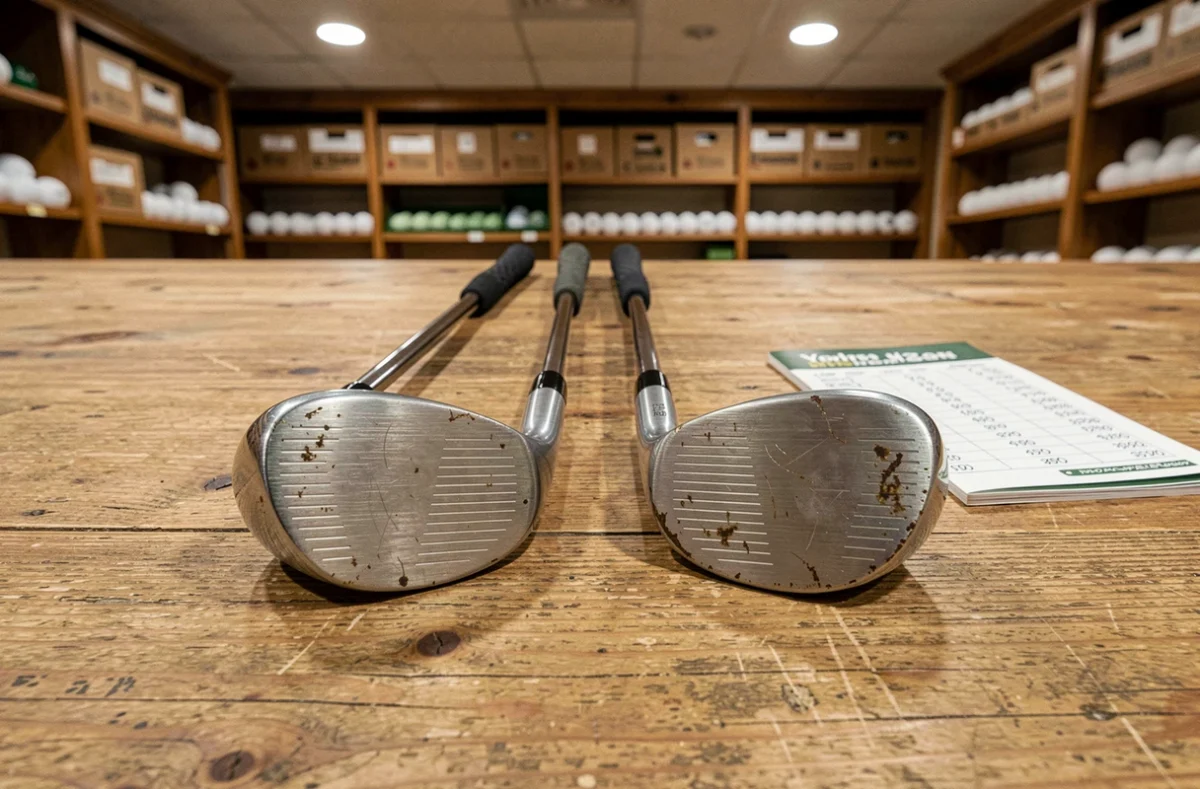 Gros plan de deux wedges de golf posés sur une table en bois avec un carnet de score dans un pro shop