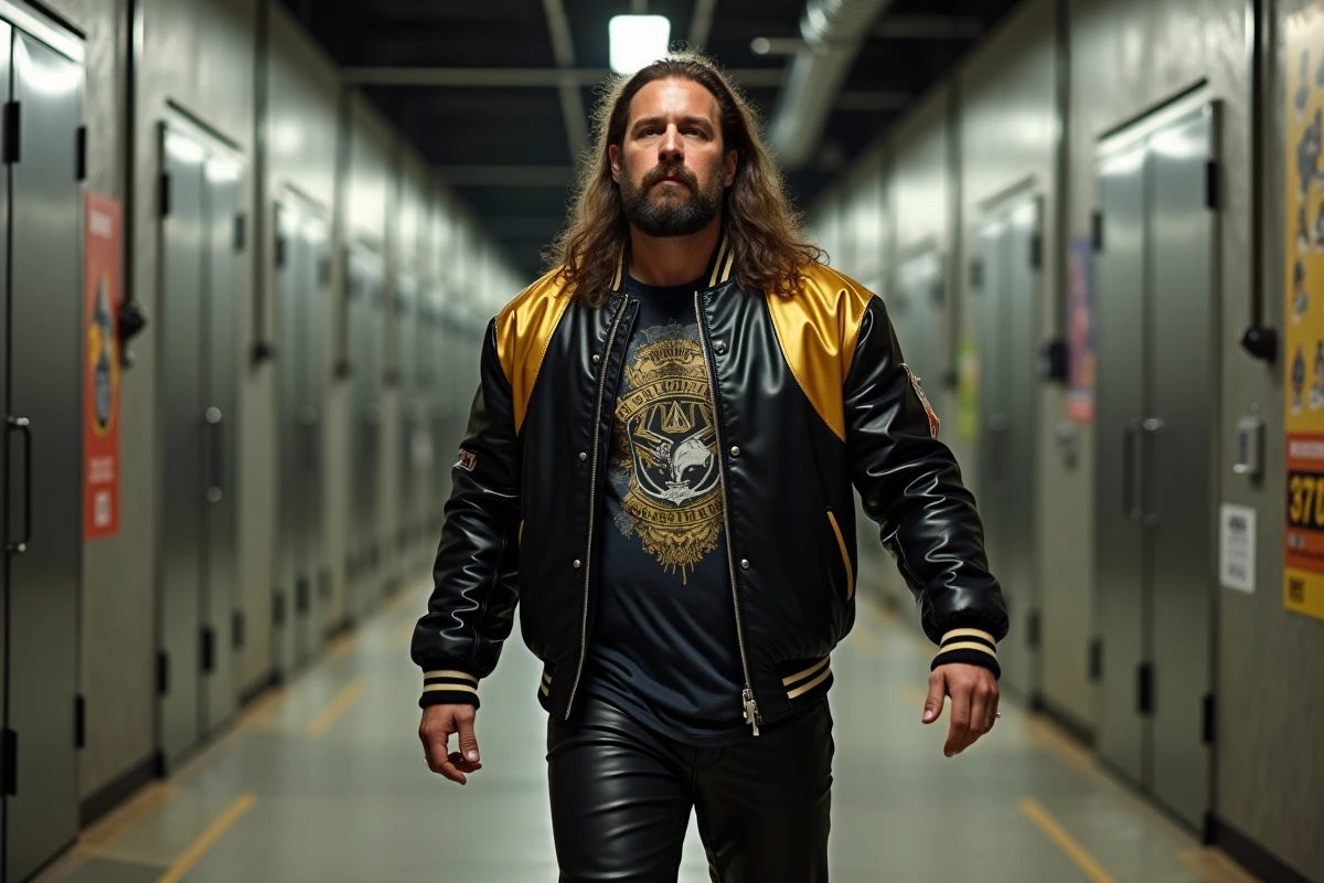 Homme en costume noir et or dans un couloir de backstage