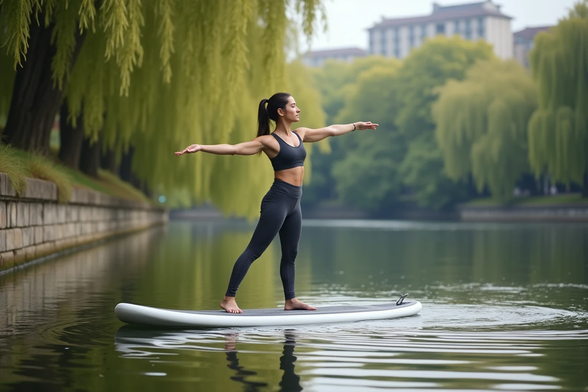 Jeune femme pratiquant une pose de yoga sur un paddle en rivière urbaine avec des saules en arrière-plan